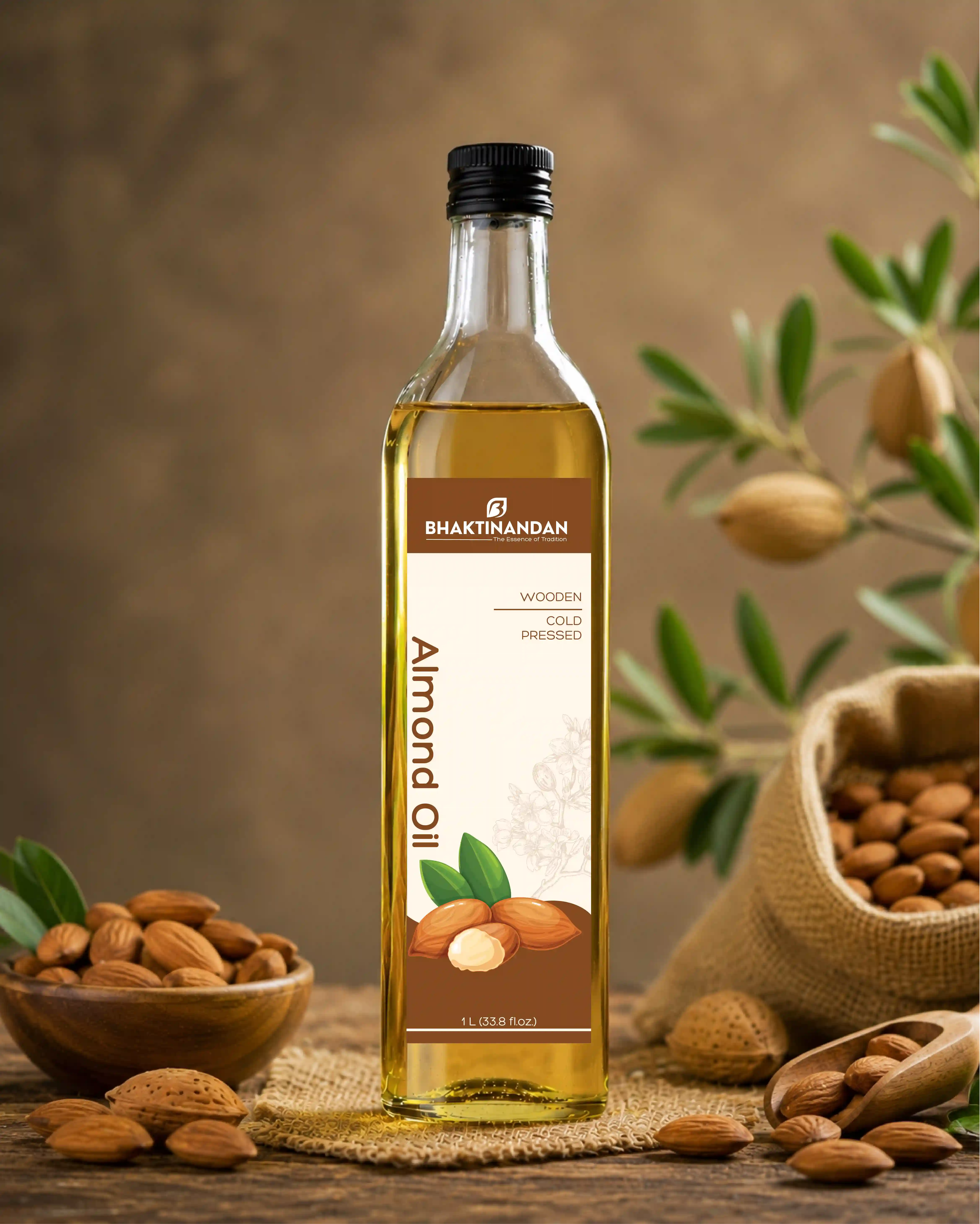 Bhaktinandan premium cold-pressed almond oil bottle design