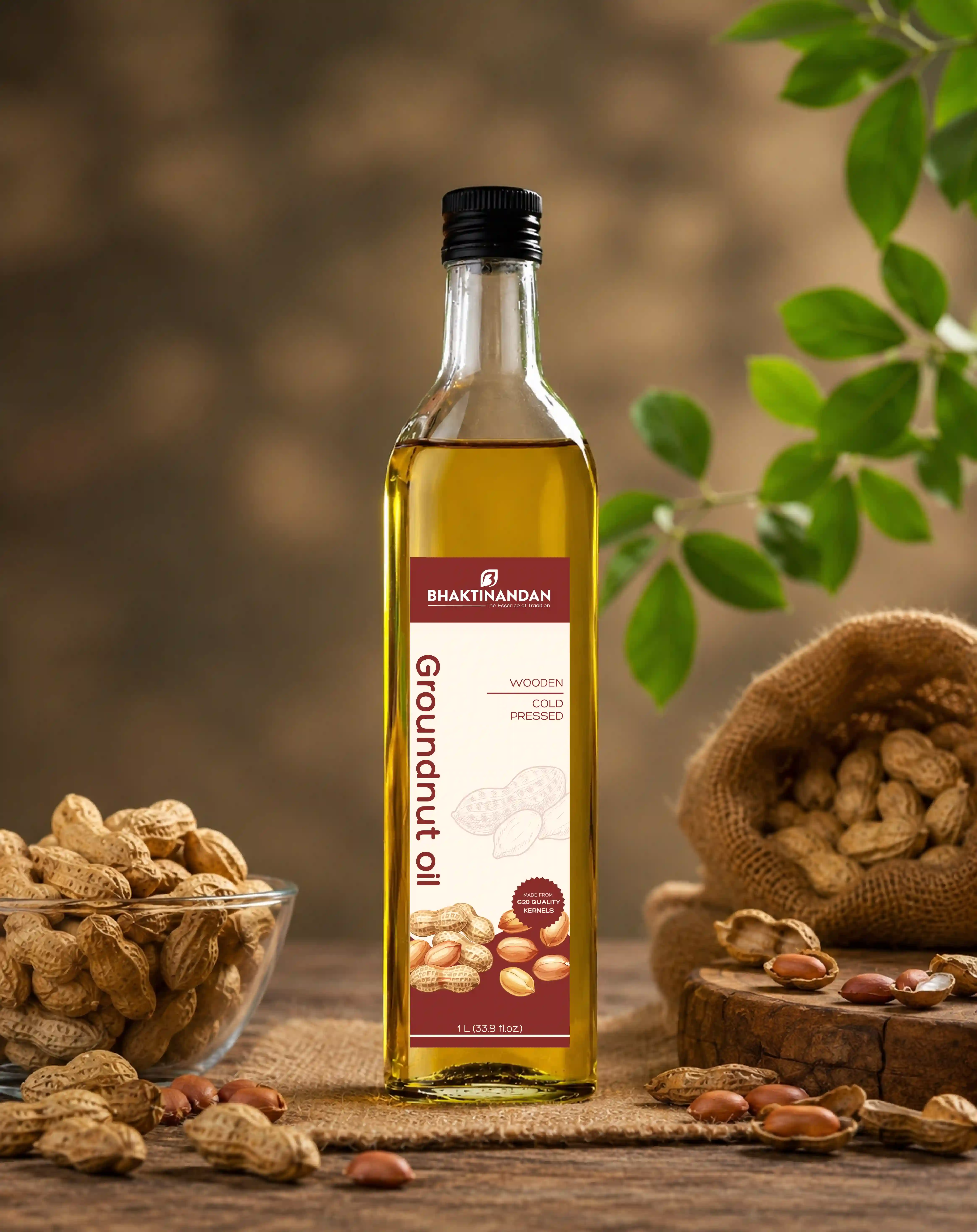 Bhaktinandan wooden cold-pressed groundnut oil bottle design