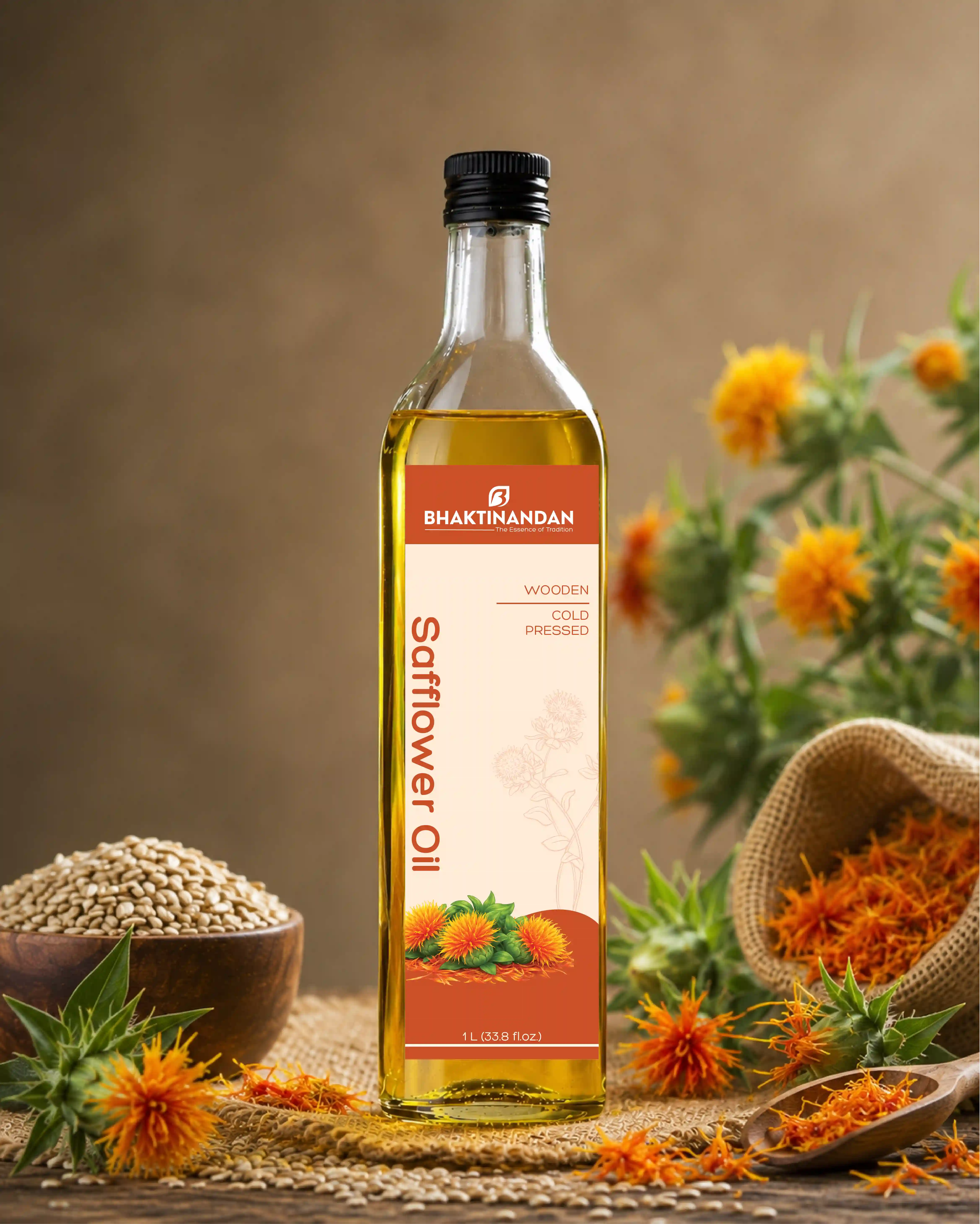 Bhaktinandan cold-pressed safflower oil bottle design